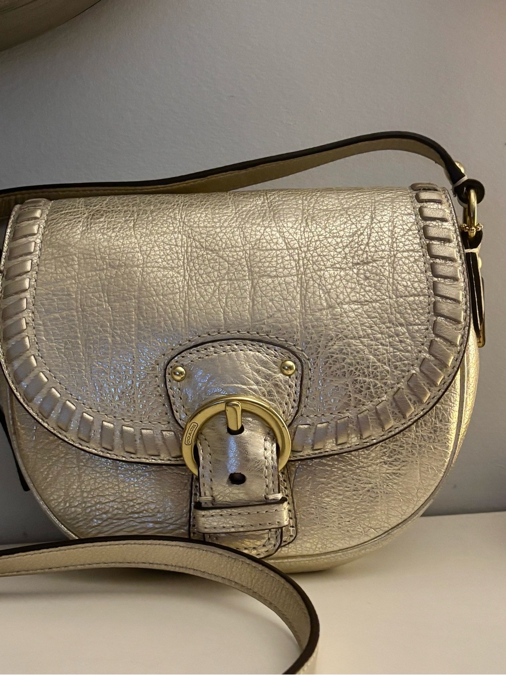 Coach Poppy Metallic Whipstitch Gold Leather Crossbody Saddle Bag